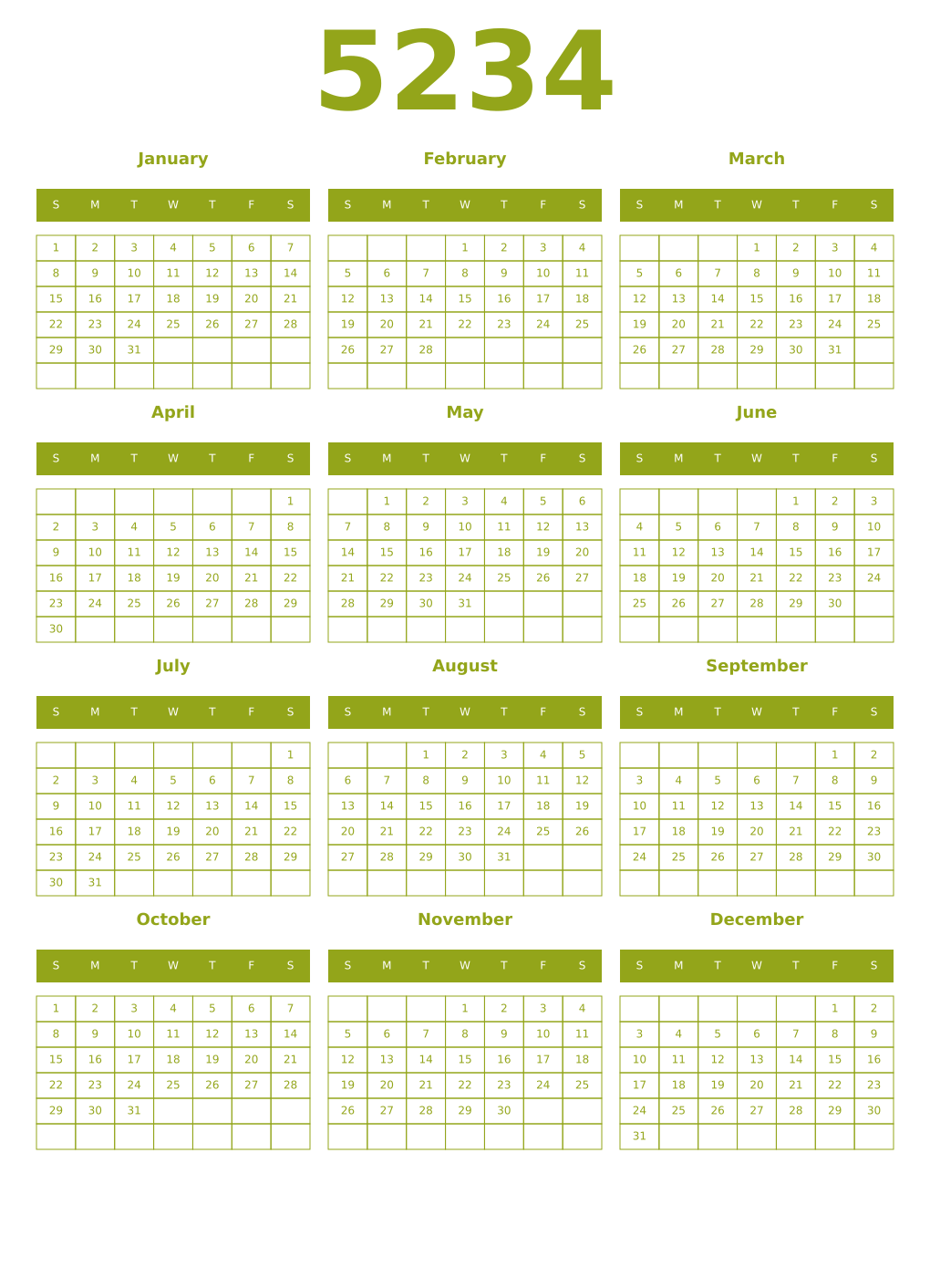Printable 5234 Year Calendars chartreuse