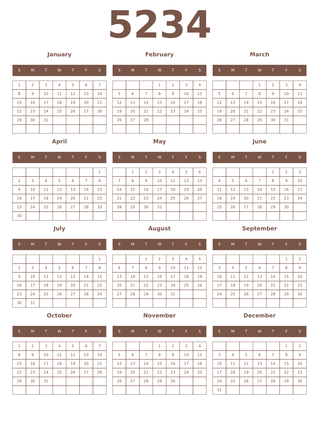 Printable 5234 Year Calendars coffe