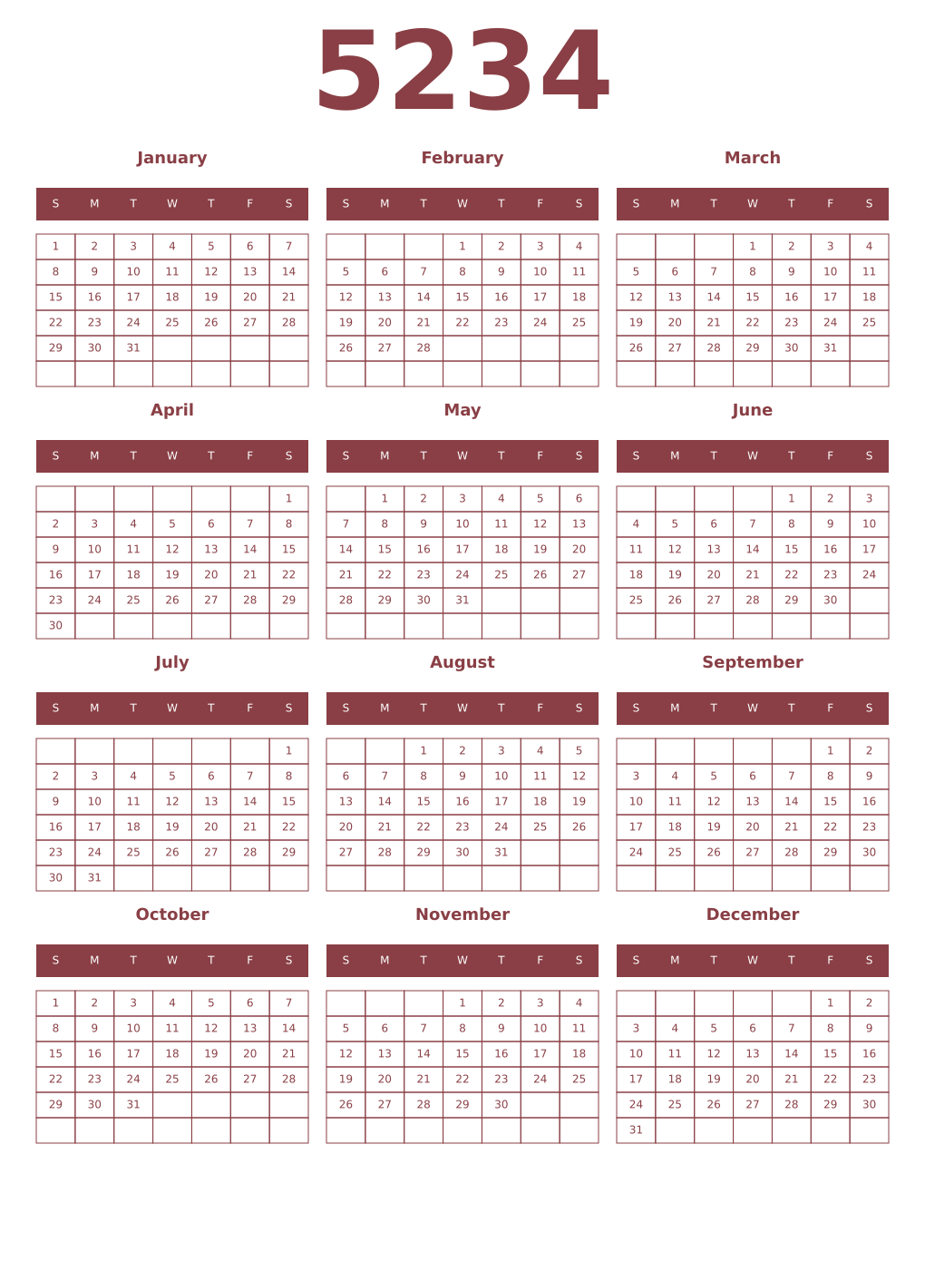 Printable 5234 Year Calendars cordovan