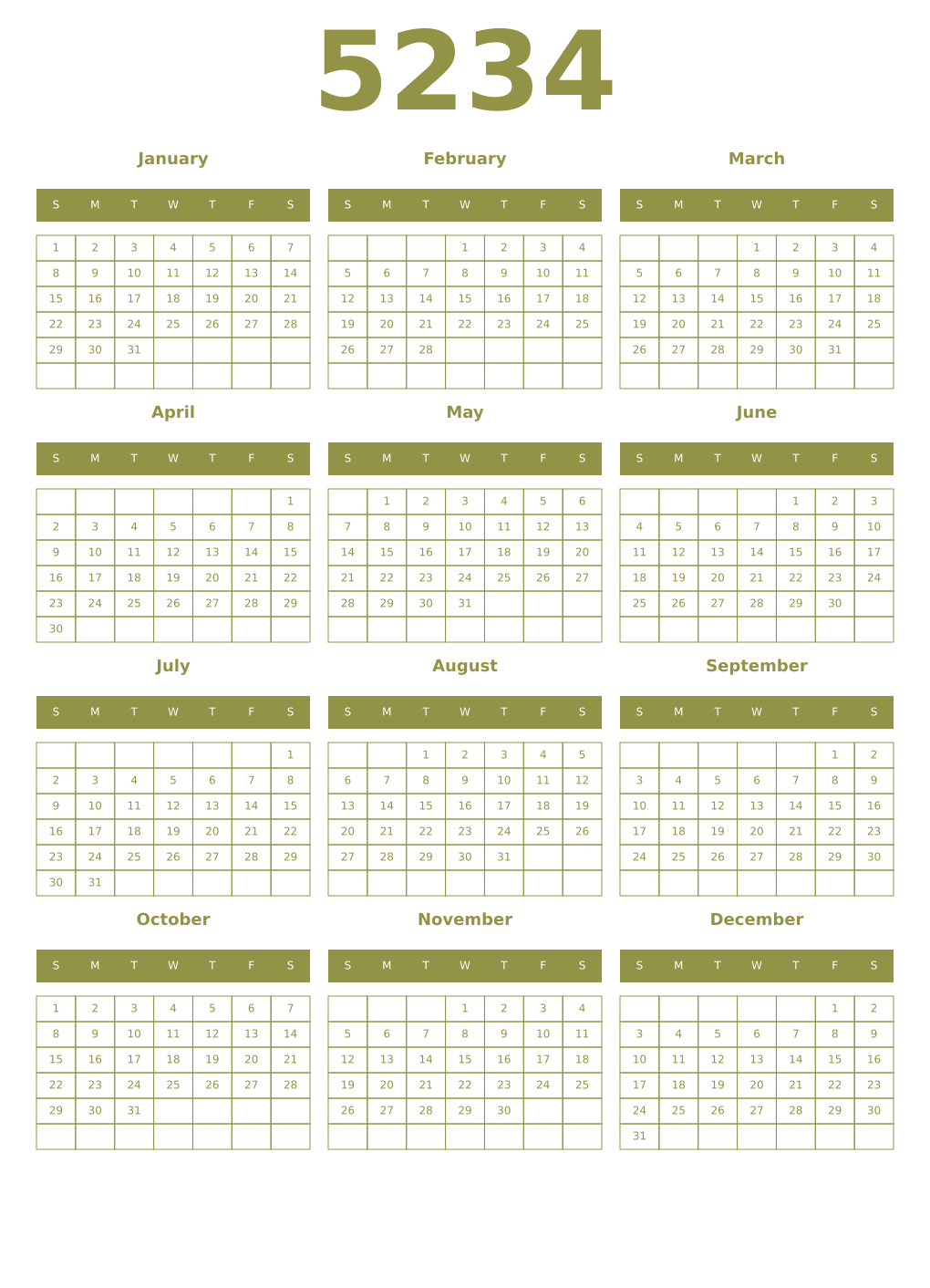 Printable 5234 Year Calendars eburnean