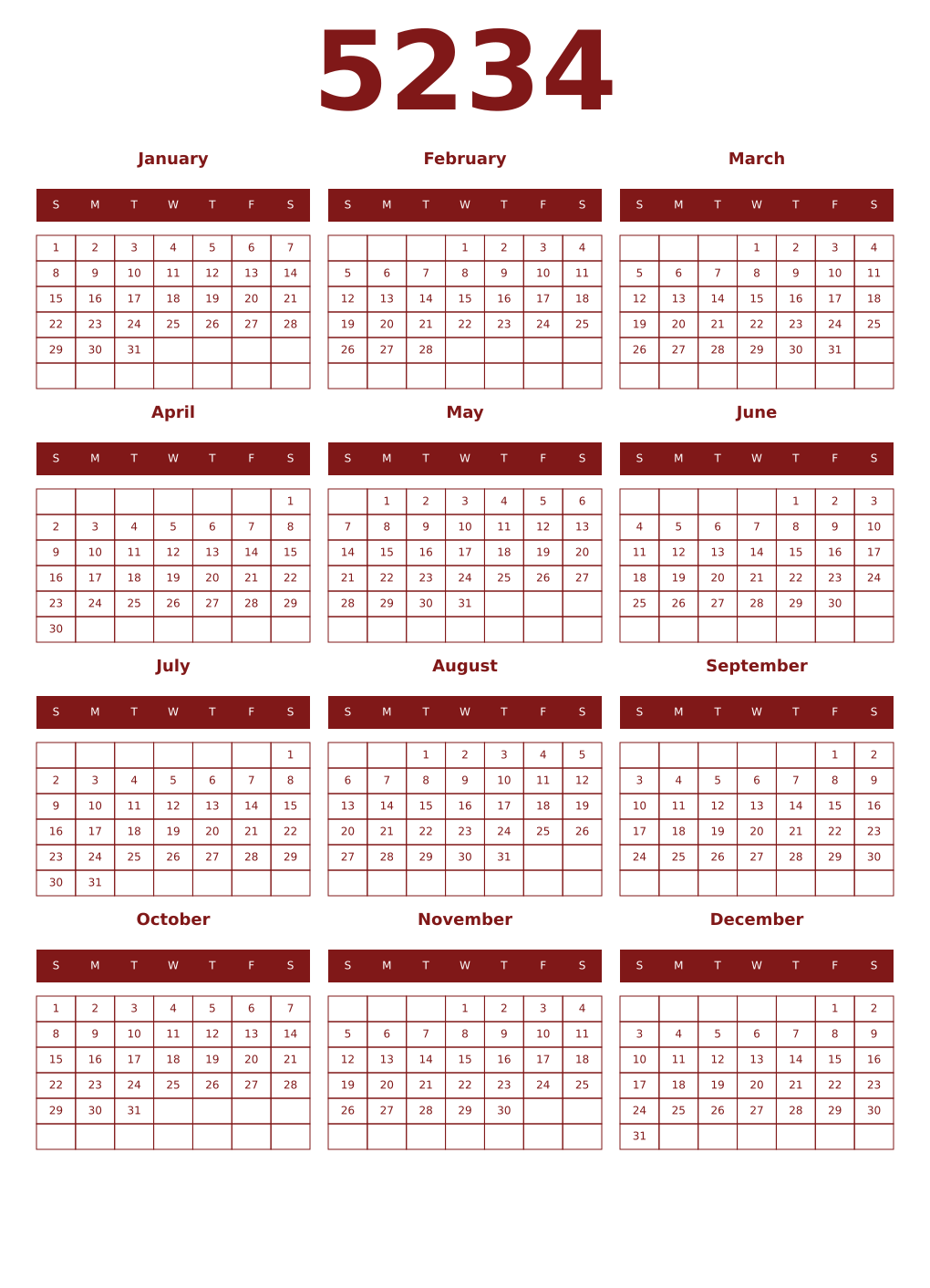 Printable 5234 Year Calendars falu