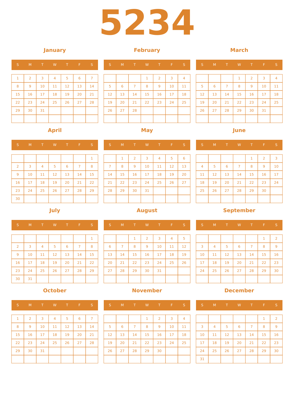 Printable 5234 Year Calendars orange