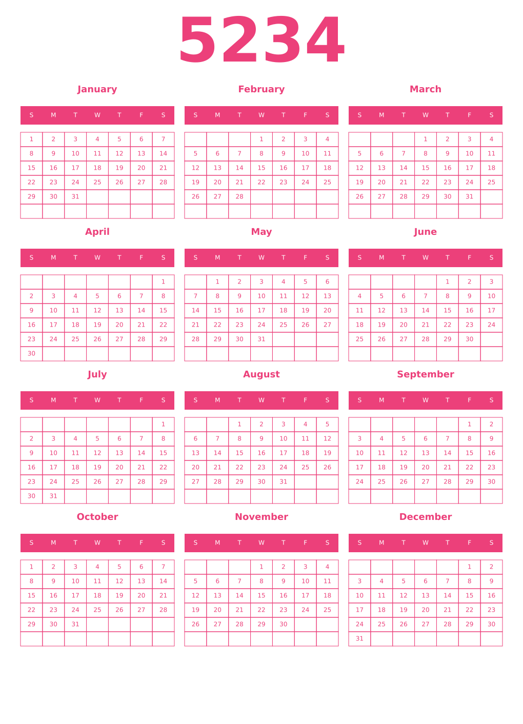 Printable 5234 Year Calendars pink