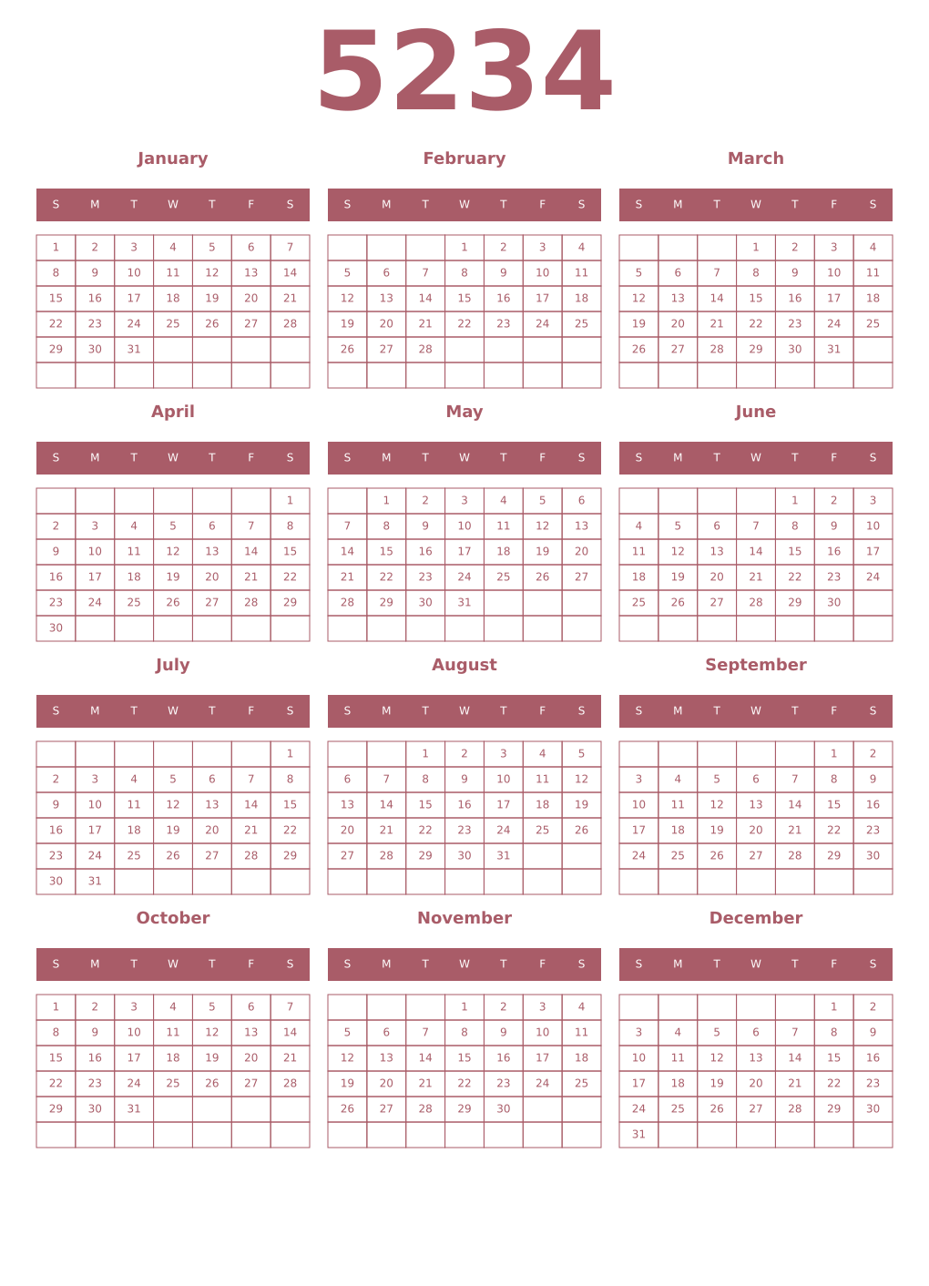 Printable 5234 Year Calendars puce