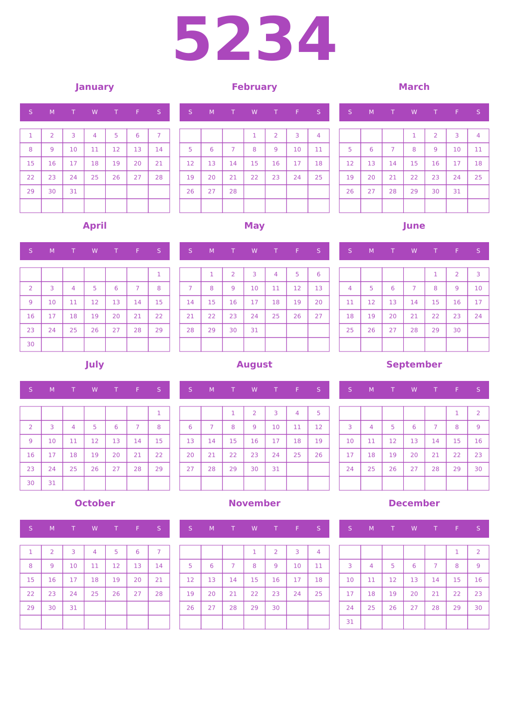 Printable 5234 Year Calendars purple