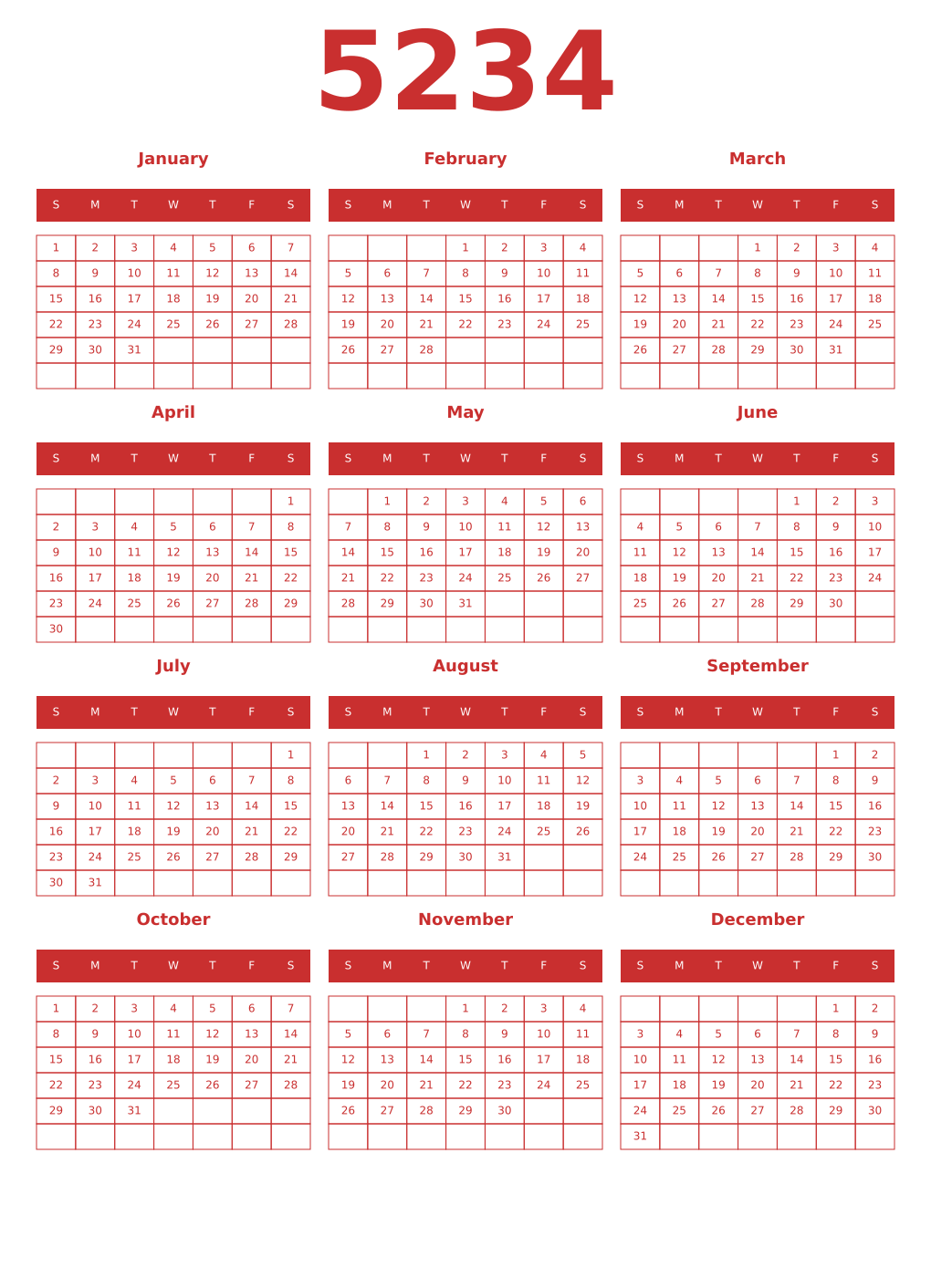 Printable 5234 Year Calendars red