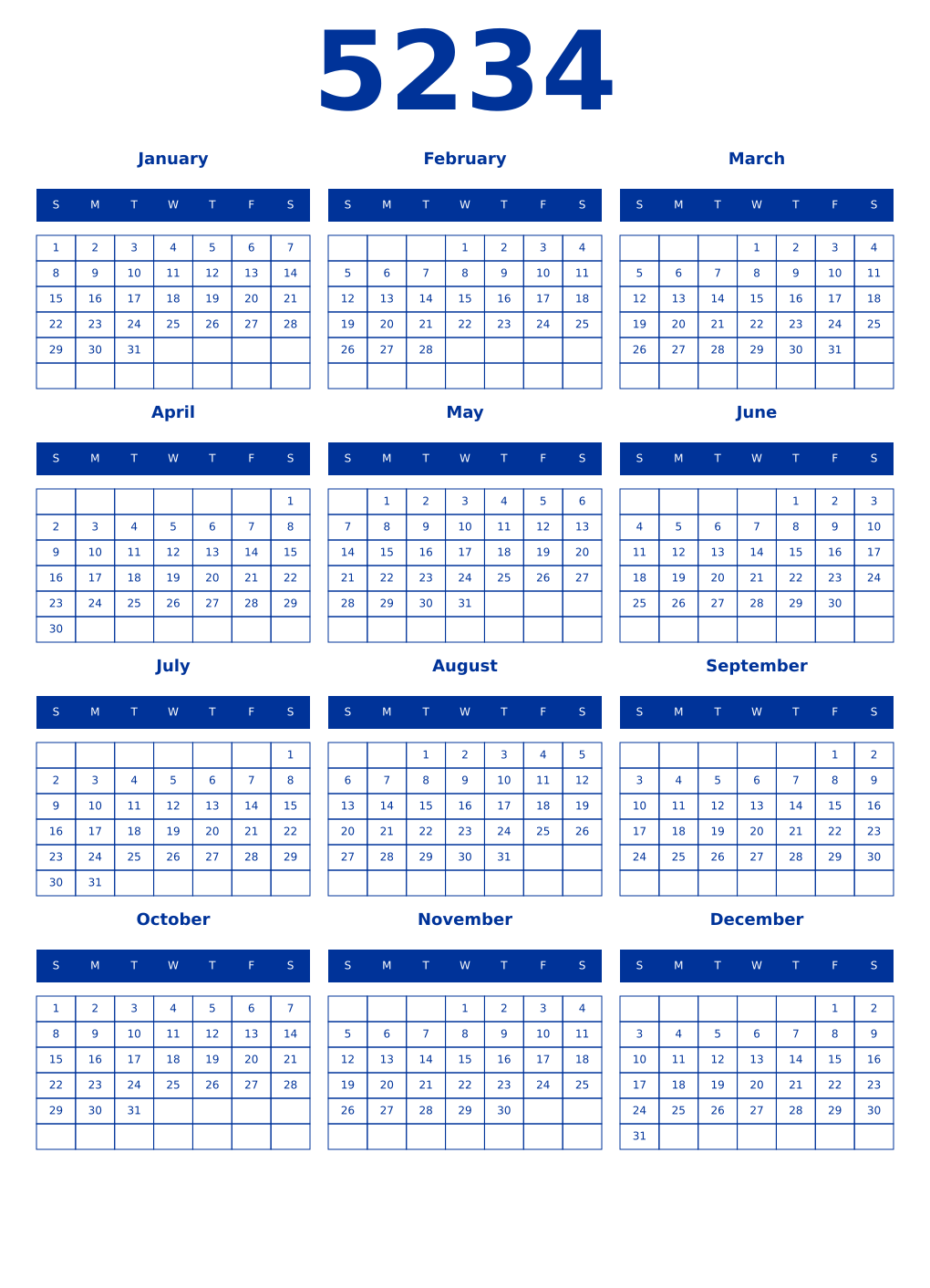 Printable 5234 Year Calendars smalt