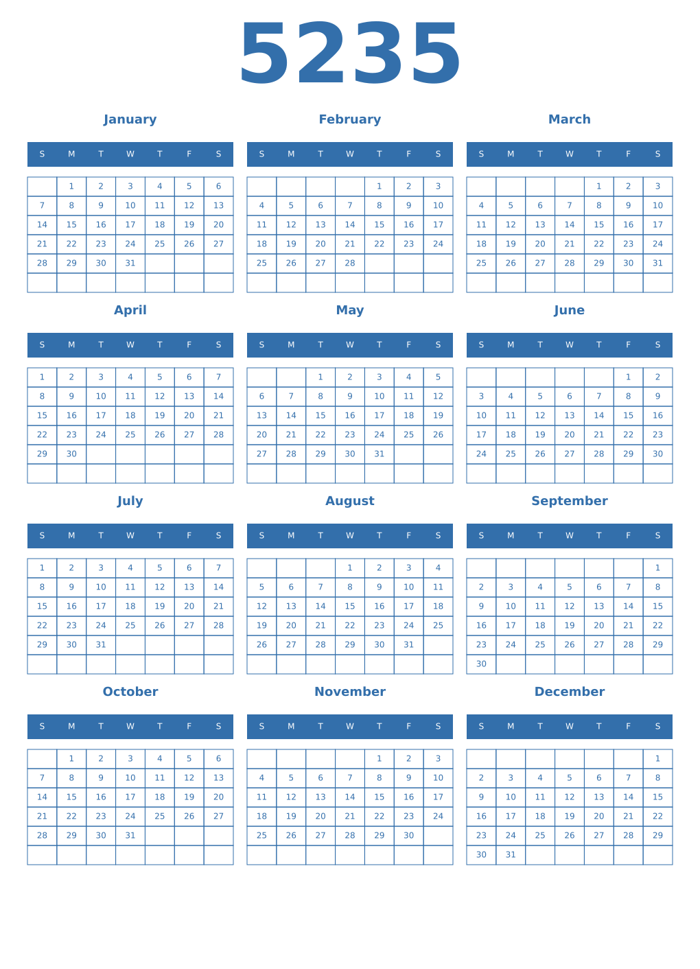 Printable 5235 Year Calendars blue