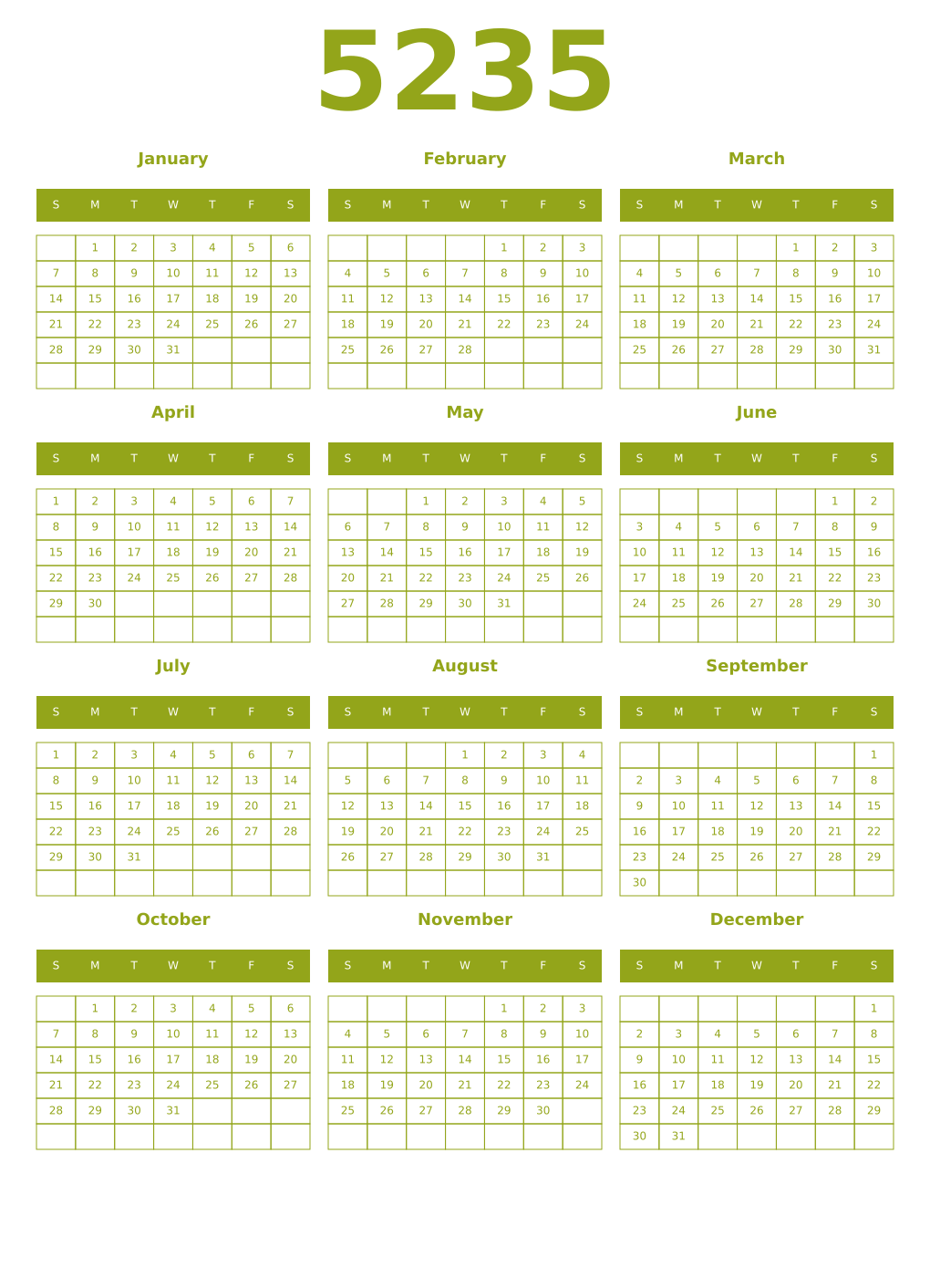 Printable 5235 Year Calendars chartreuse