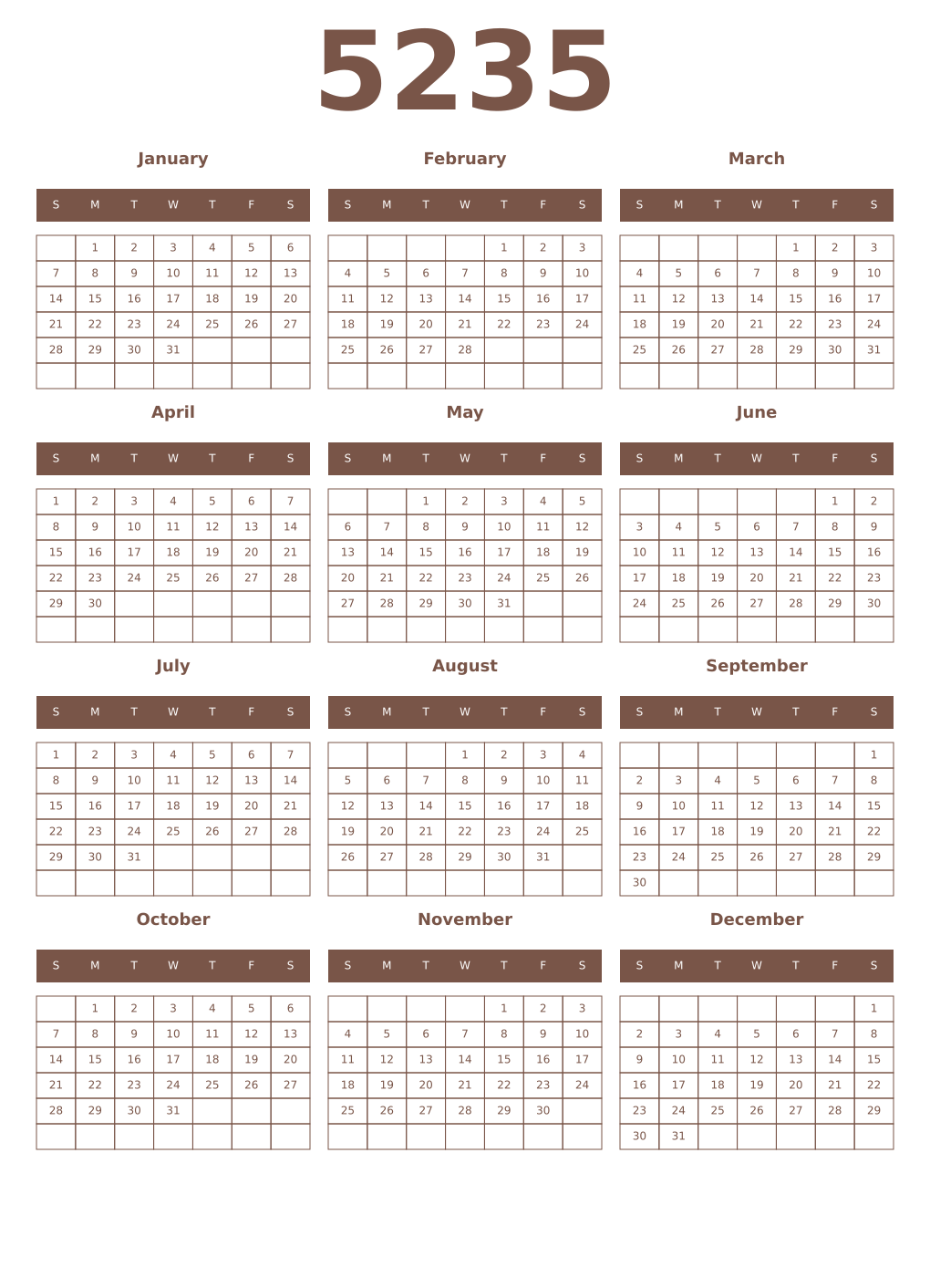 Printable 5235 Year Calendars coffe
