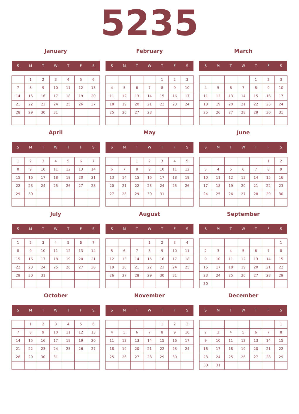 Printable 5235 Year Calendars cordovan