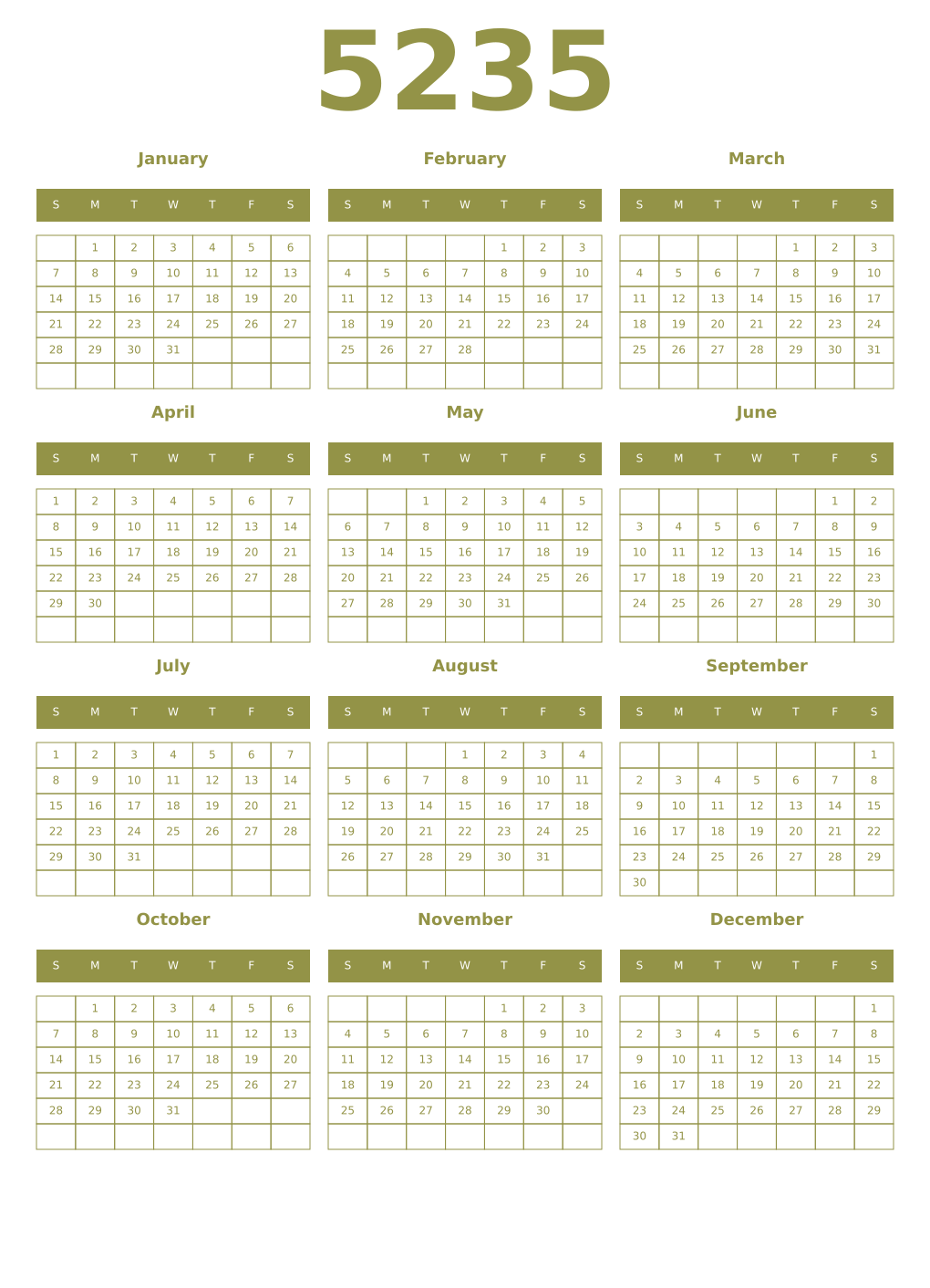 Printable 5235 Year Calendars eburnean