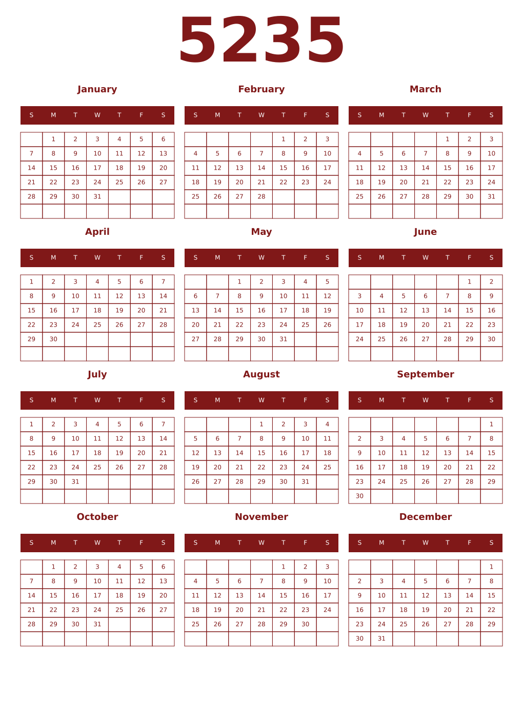 Printable 5235 Year Calendars falu