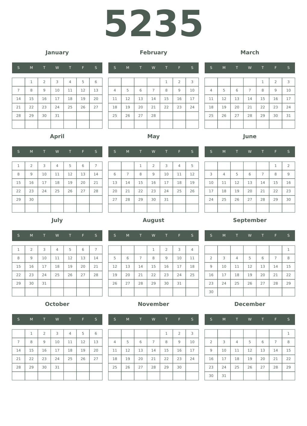 Printable 5235 Year Calendars feldgrau
