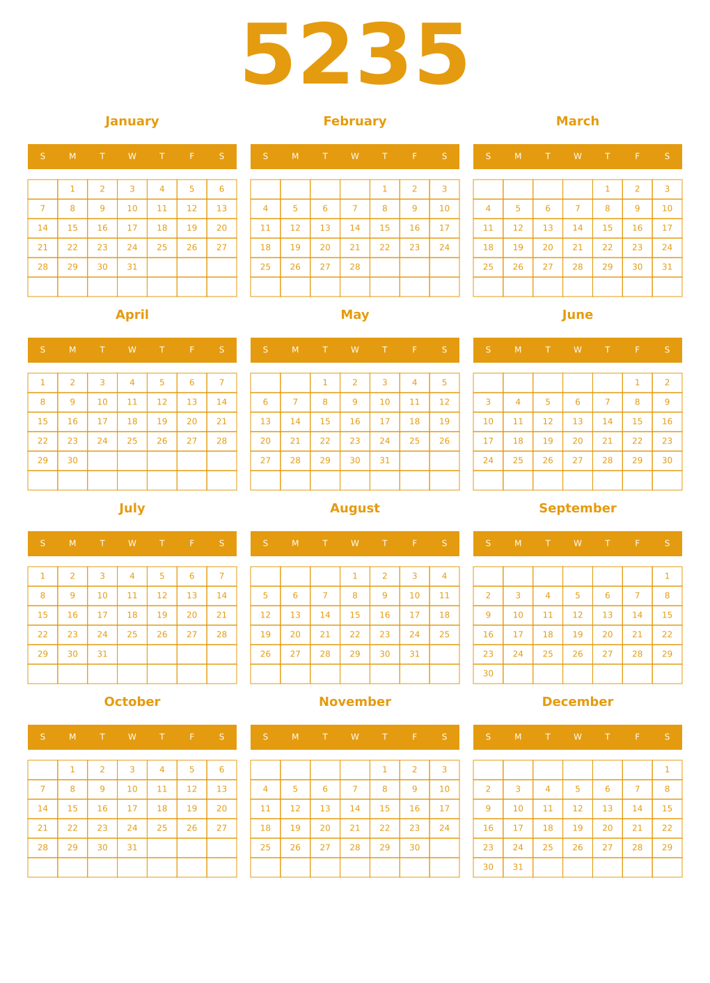 Printable 5235 Year Calendars gamboge