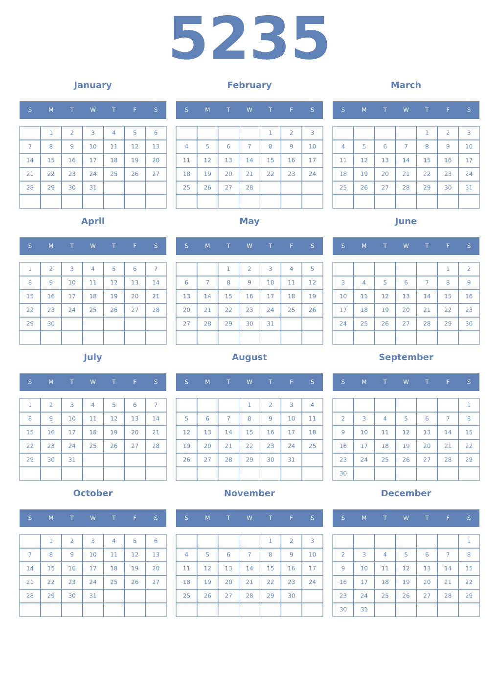 Printable 5235 Year Calendars glaucous