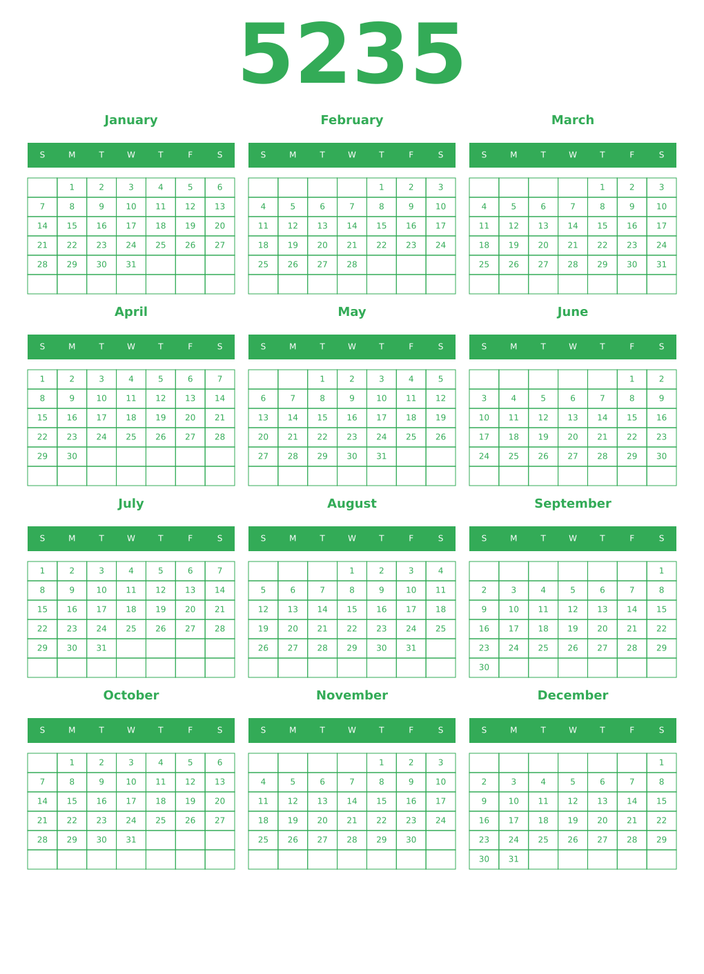 Printable 5235 Year Calendars green