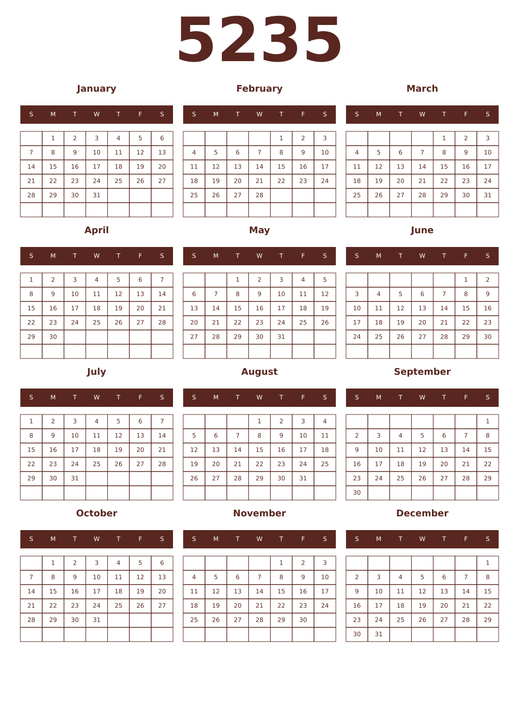 Printable 5235 Year Calendars mortuum