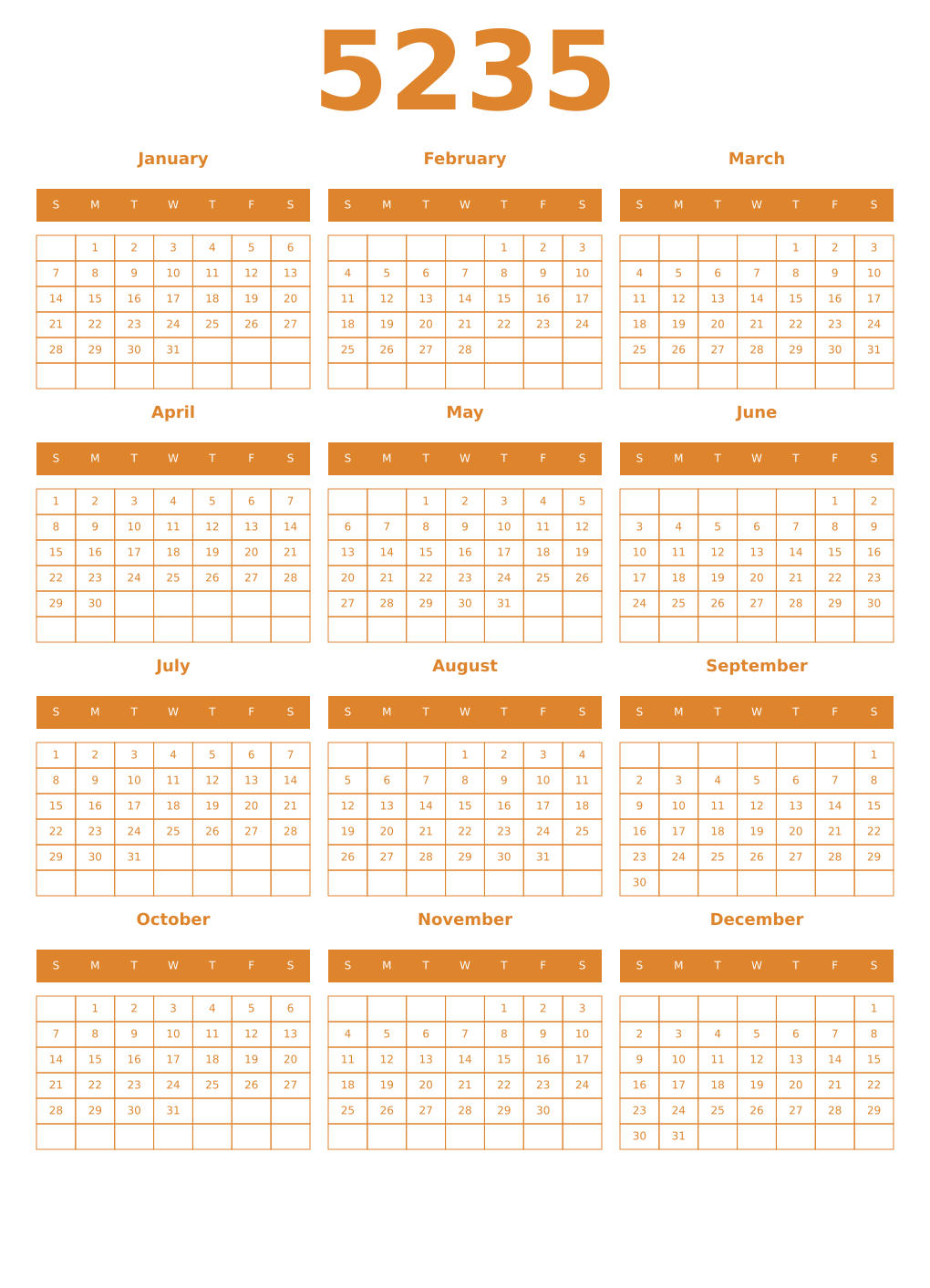 Printable 5235 Year Calendars orange