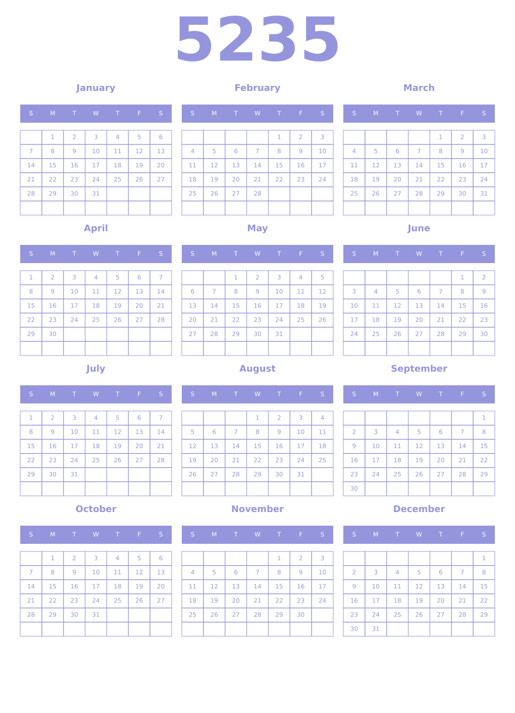 Printable 5235 Year Calendars periwinkle