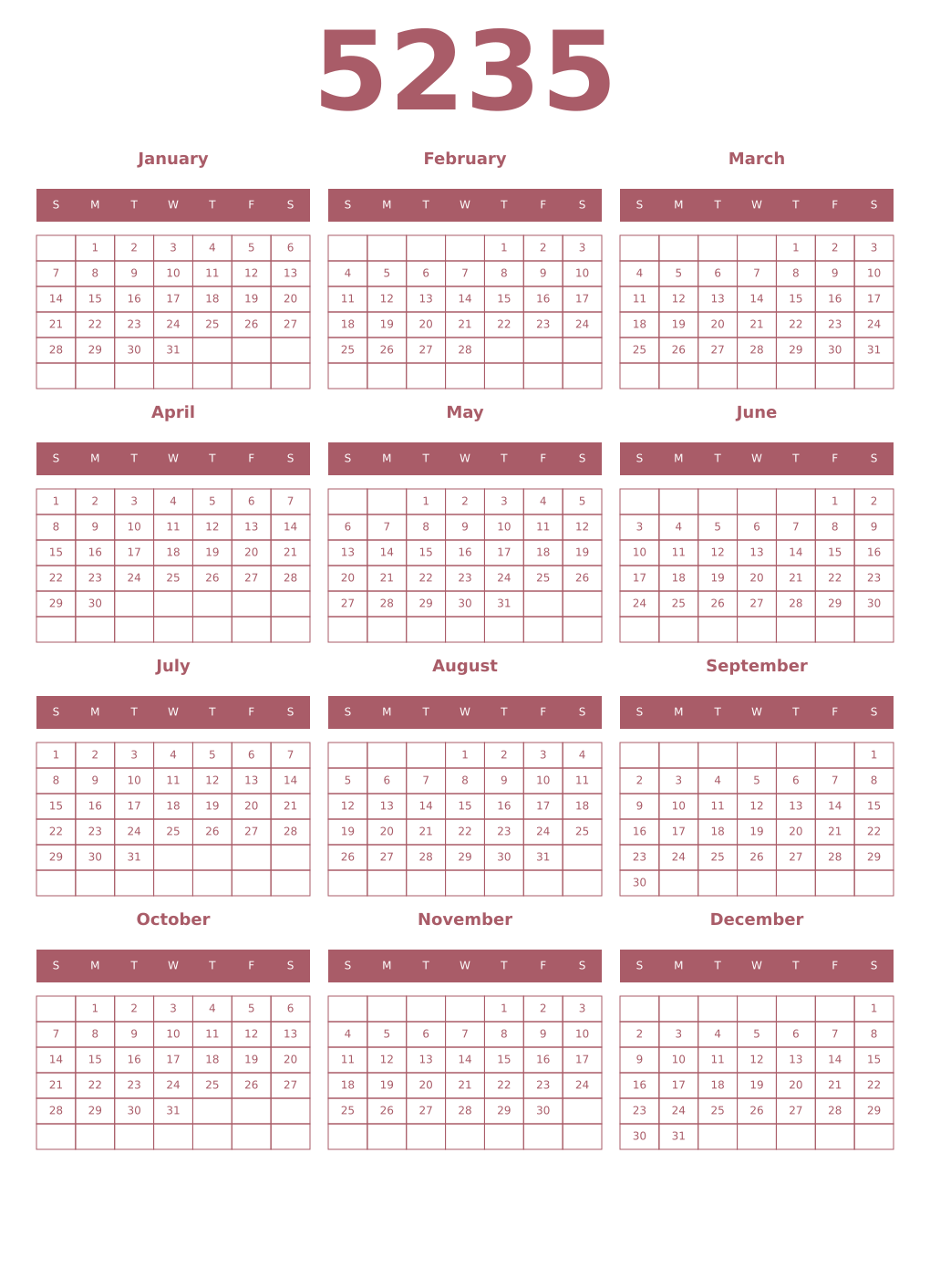 Printable 5235 Year Calendars puce
