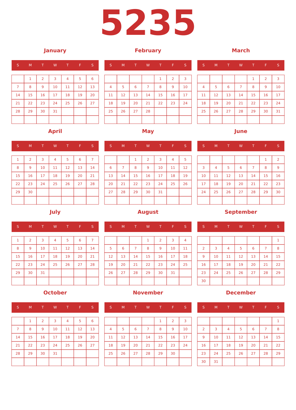 Printable 5235 Year Calendars red