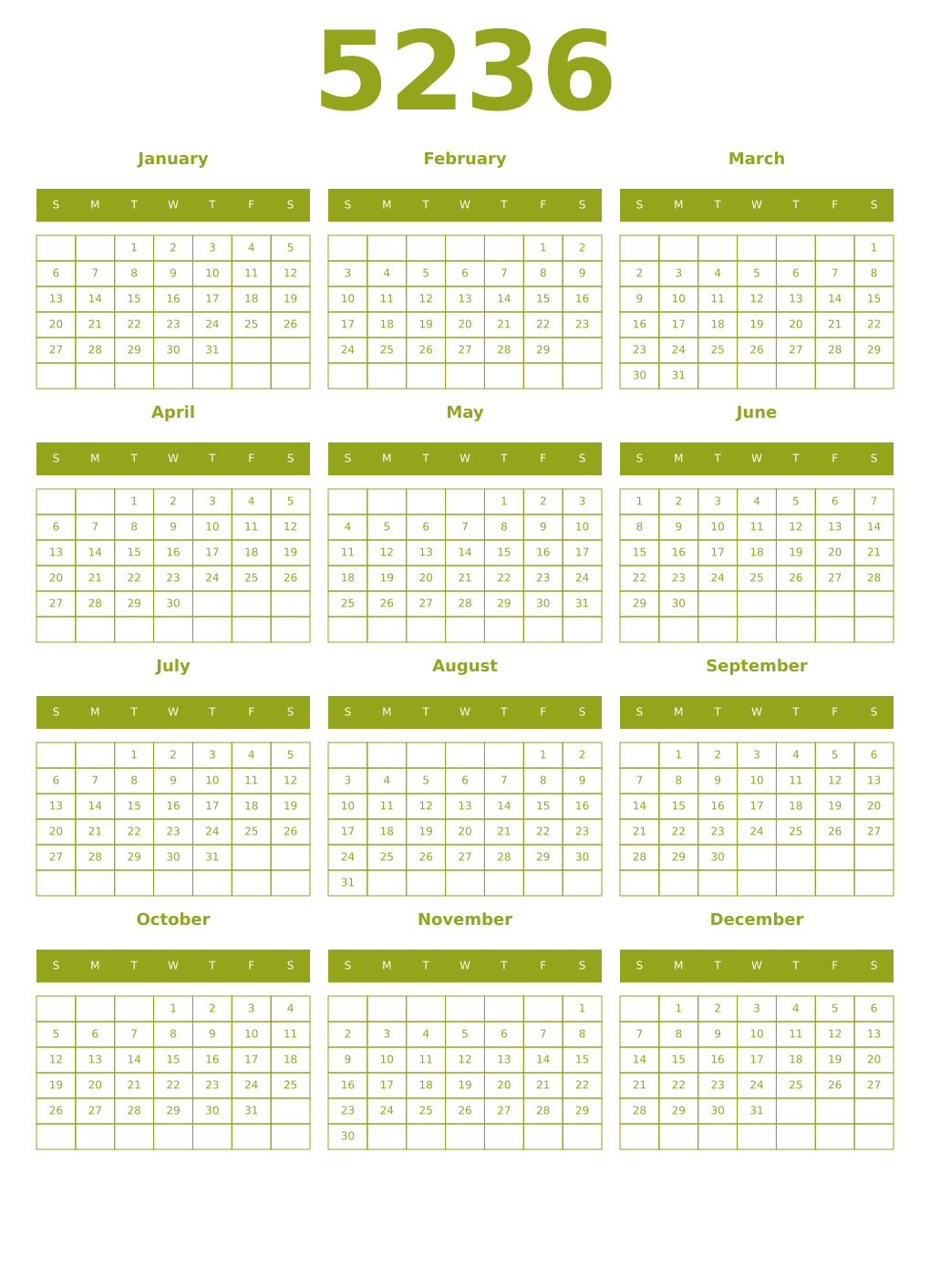 Printable 5236 Year Calendars chartreuse