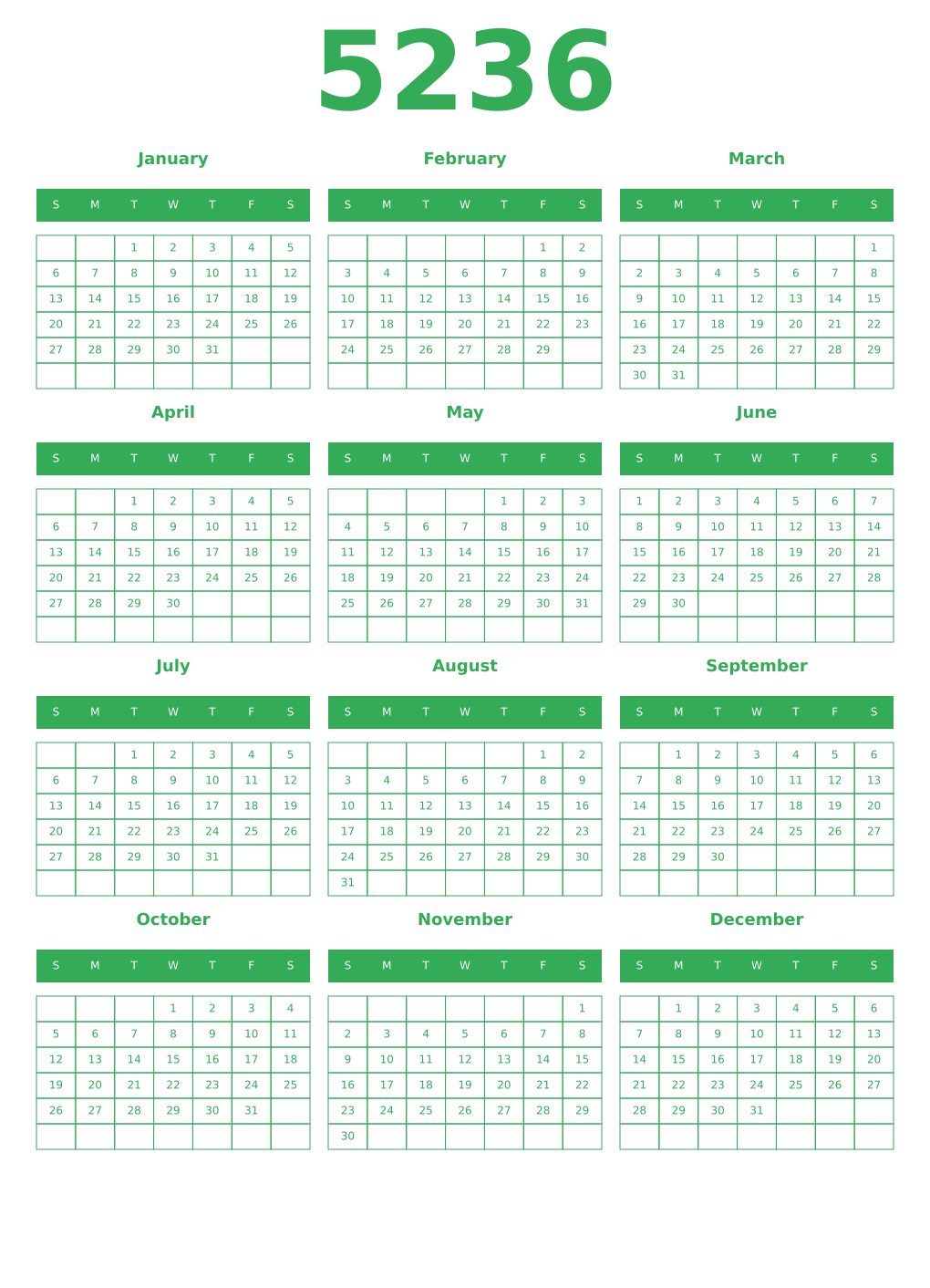 Printable 5236 Year Calendars green