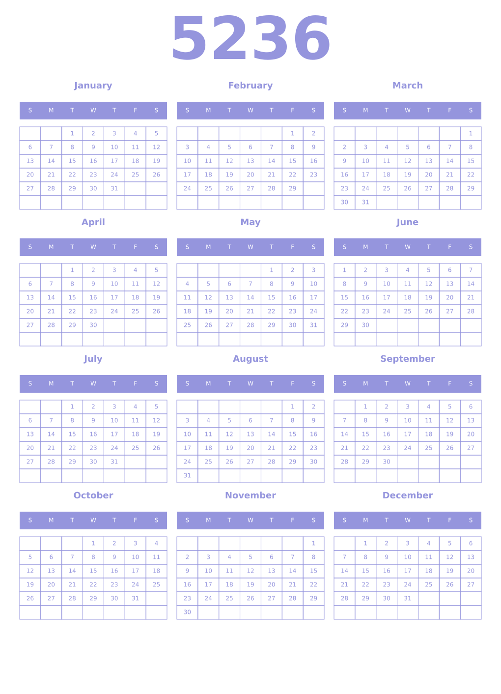 Printable 5236 Year Calendars periwinkle