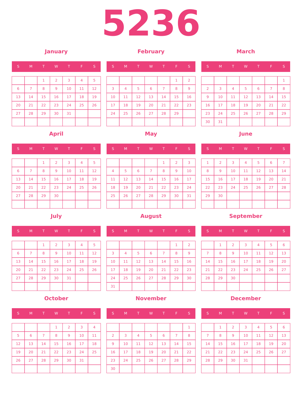 Printable 5236 Year Calendars pink