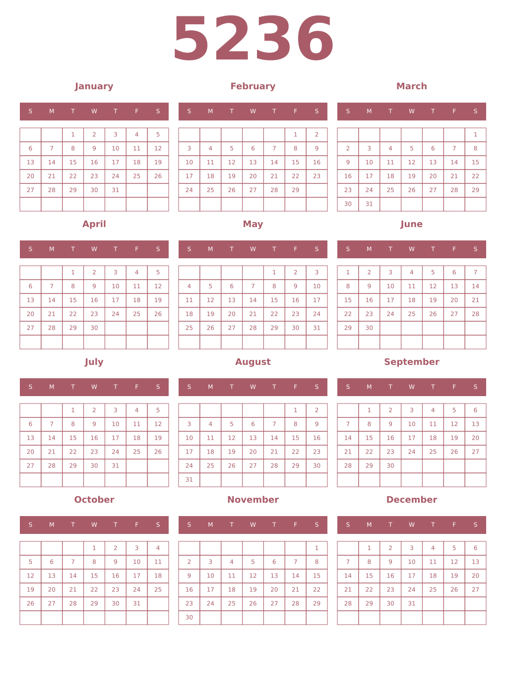 Printable 5236 Year Calendars puce
