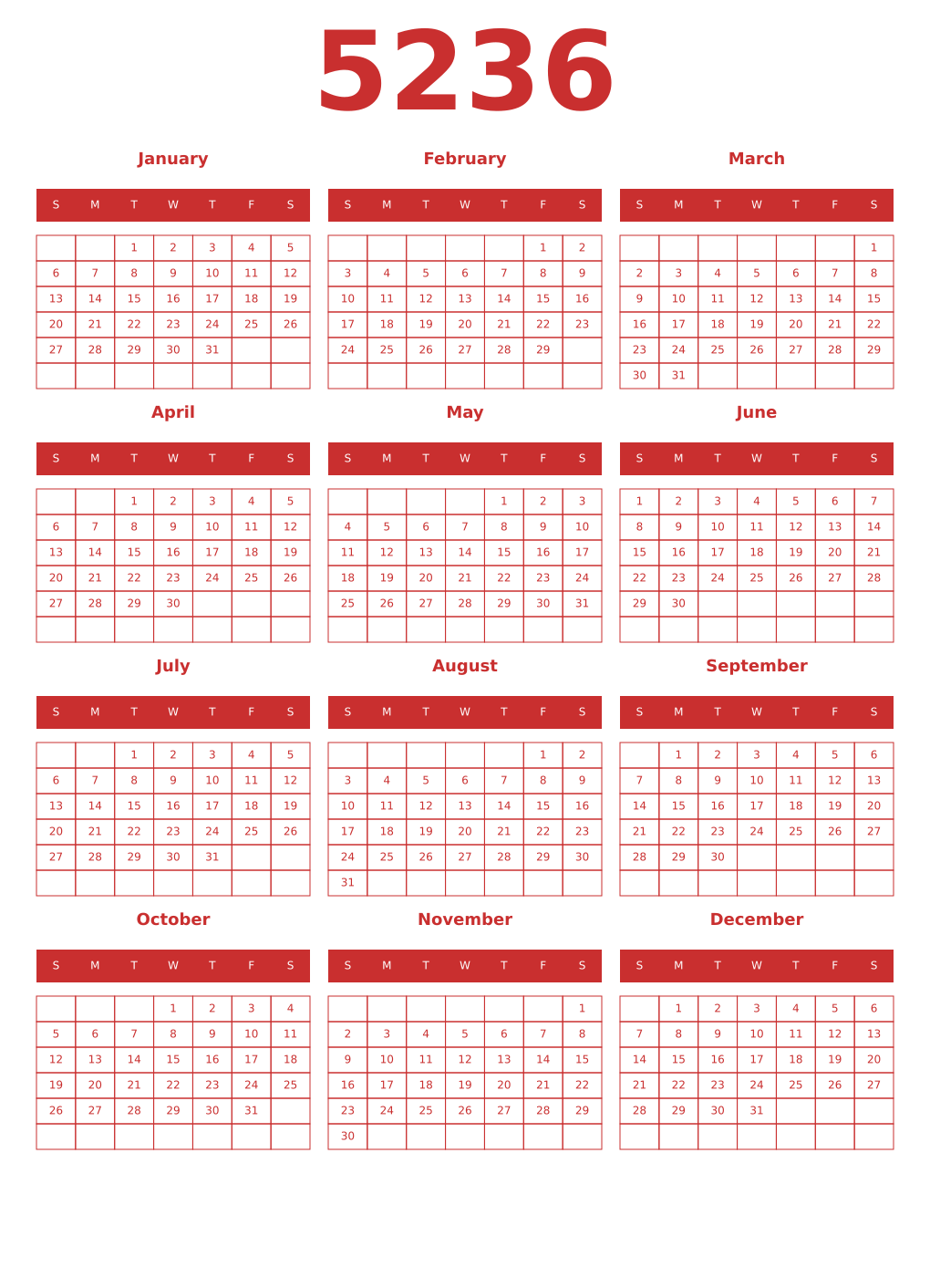 Printable 5236 Year Calendars red