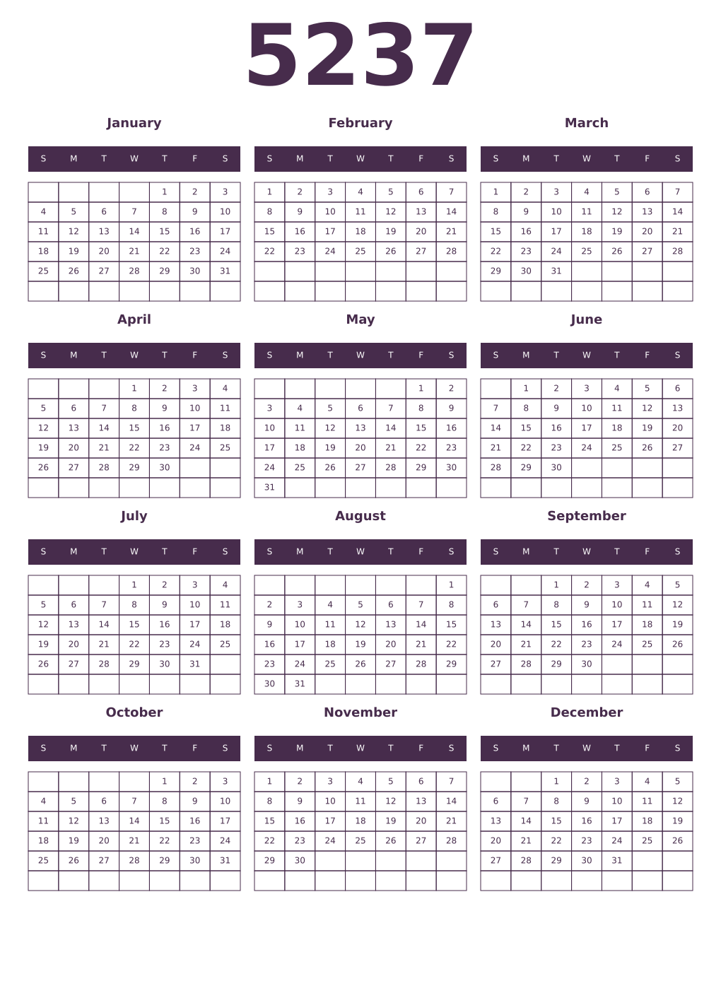 Printable 5237 Year Calendars aubergine