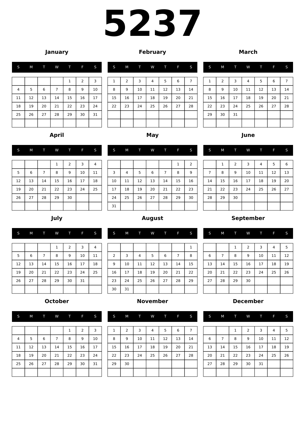 Printable 5237 Year Calendars black