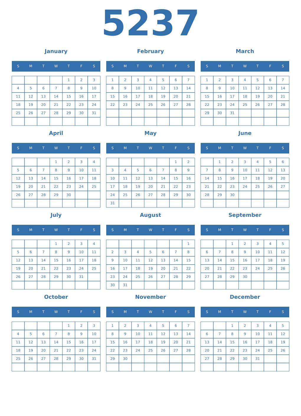 Printable 5237 Year Calendars blue