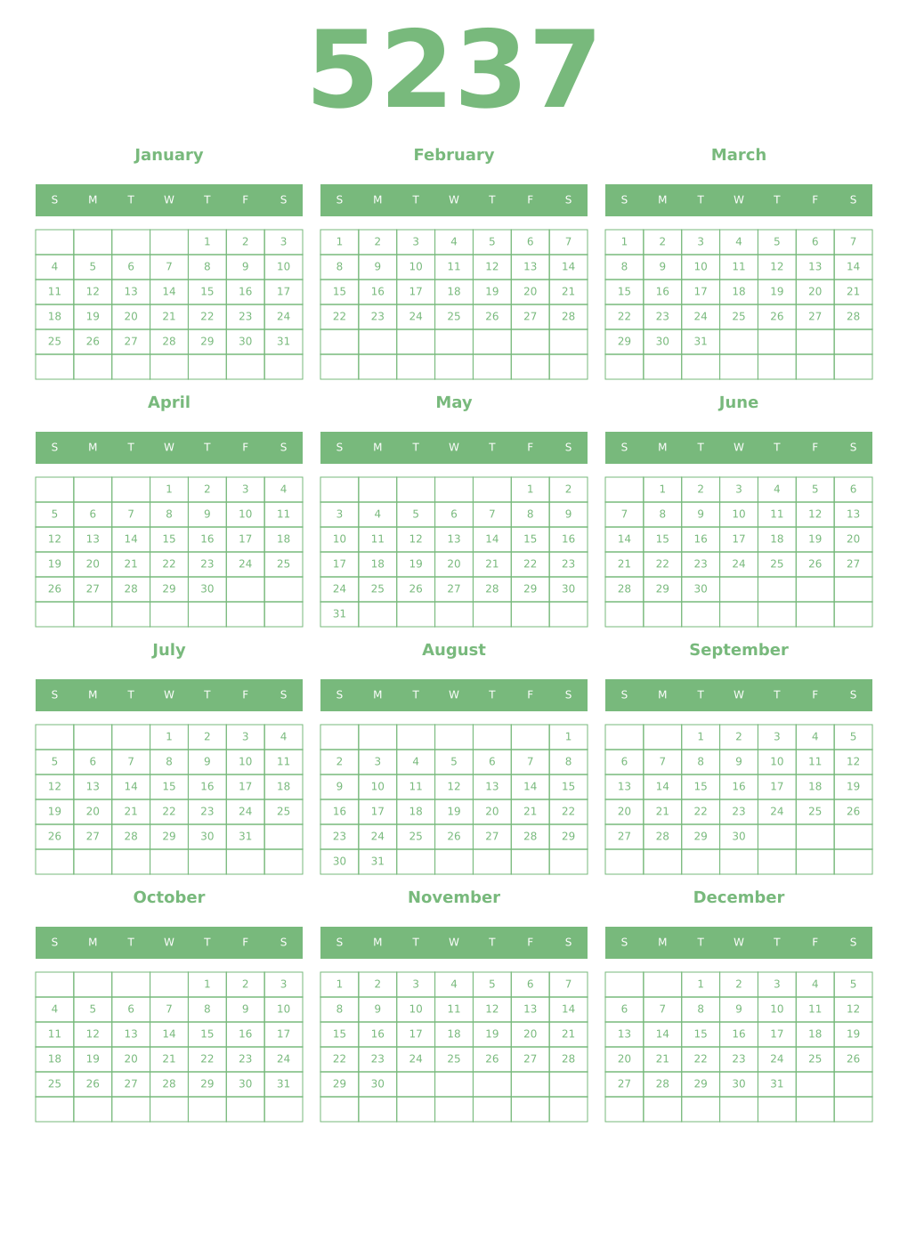Printable 5237 Year Calendars celadon