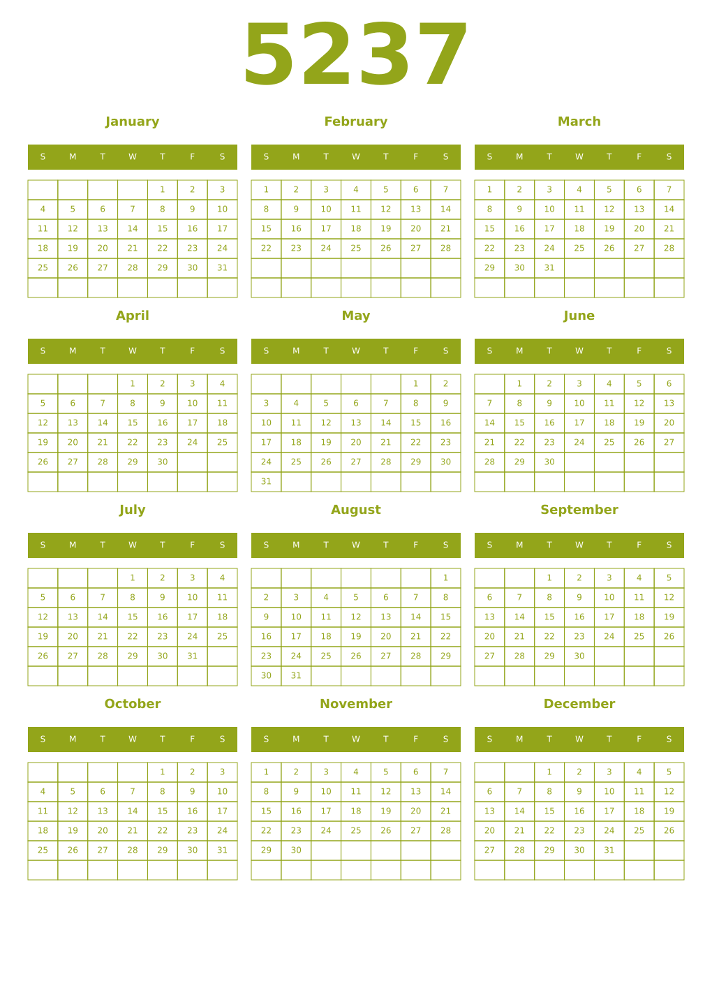 Printable 5237 Year Calendars chartreuse