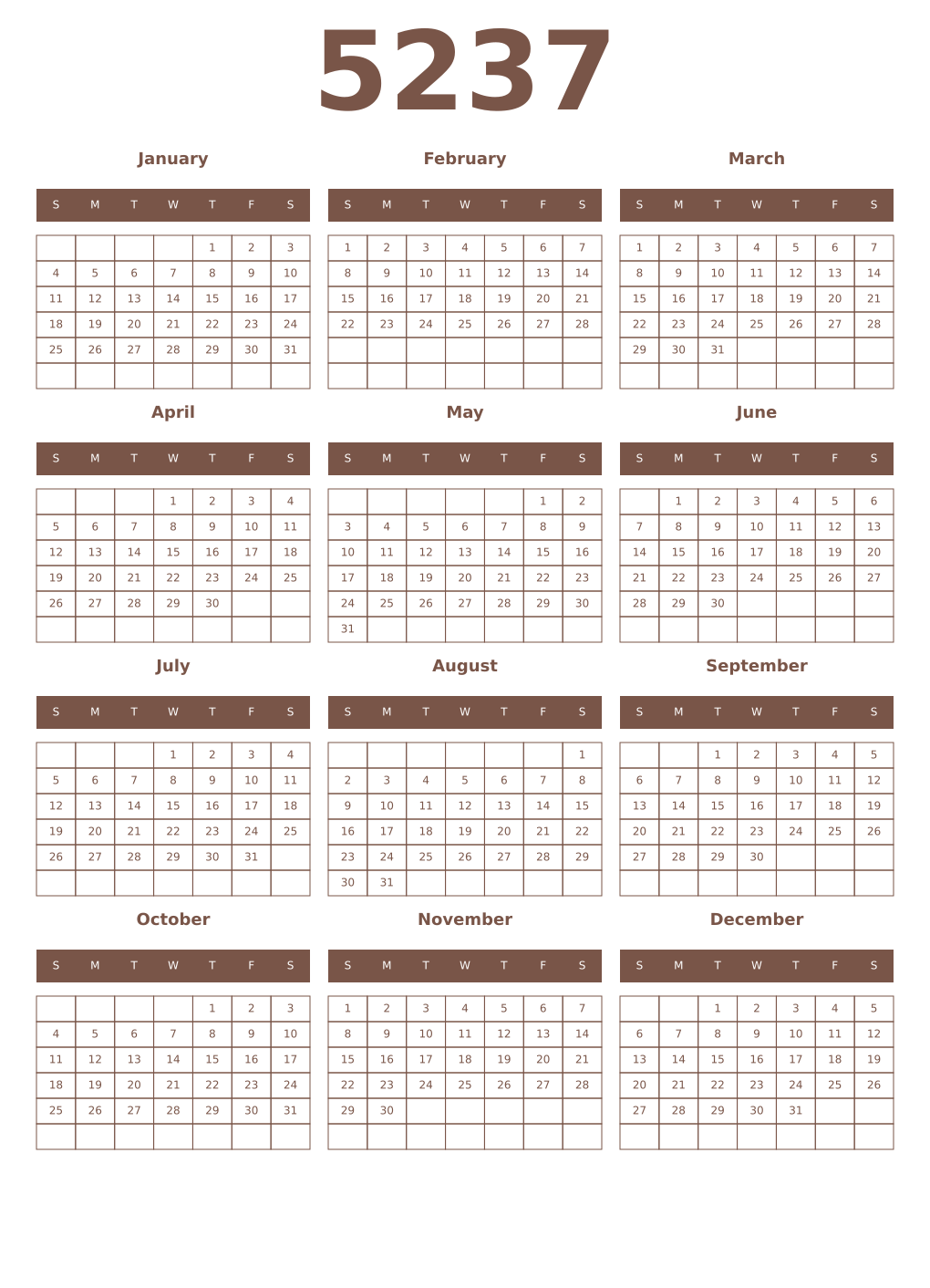 Printable 5237 Year Calendars coffe
