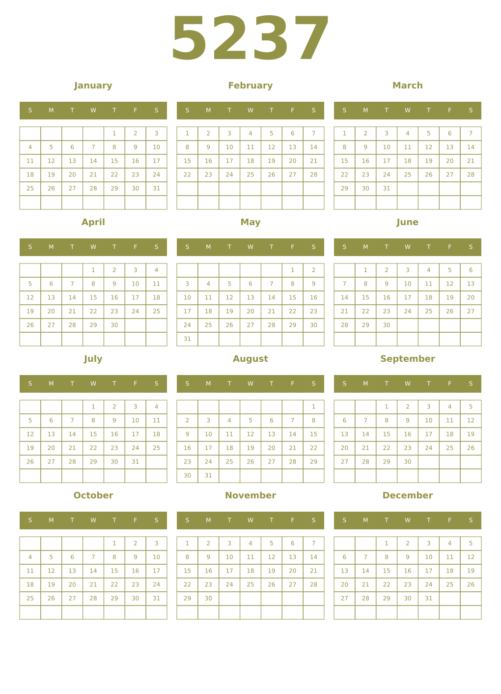 Printable 5237 Year Calendars eburnean