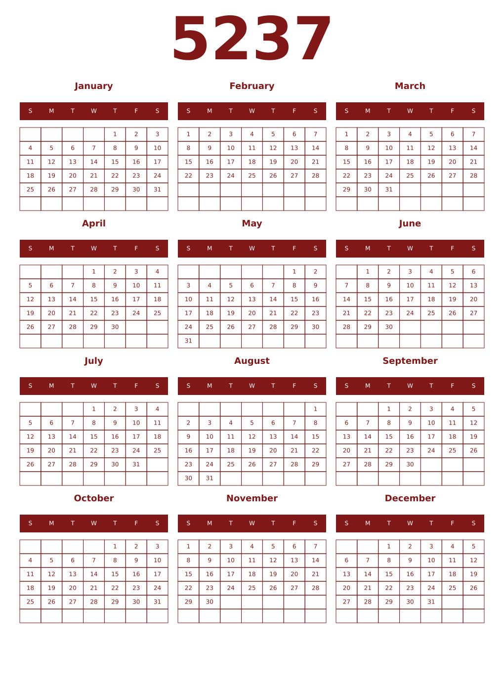 Printable 5237 Year Calendars falu