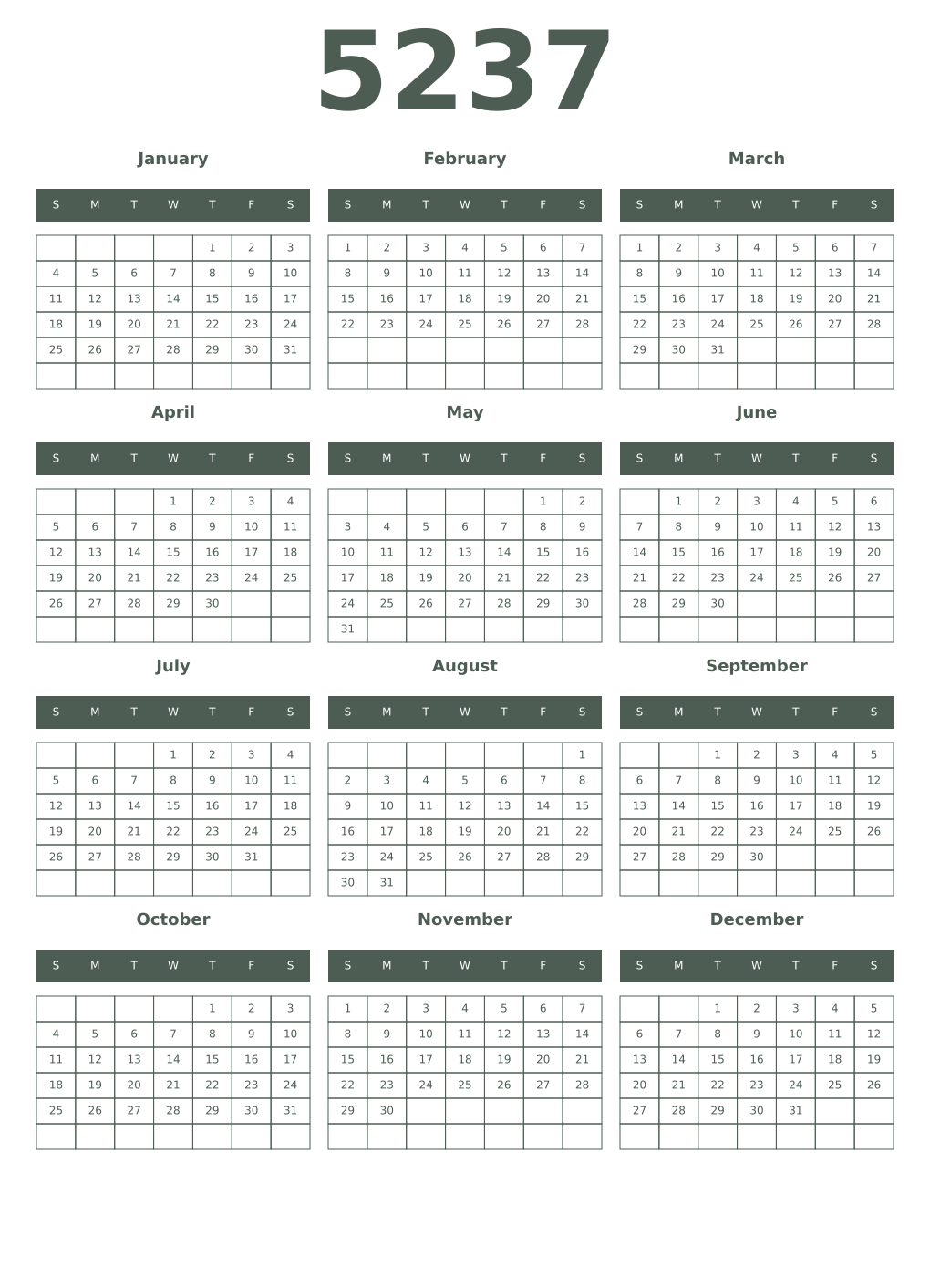 Printable 5237 Year Calendars feldgrau