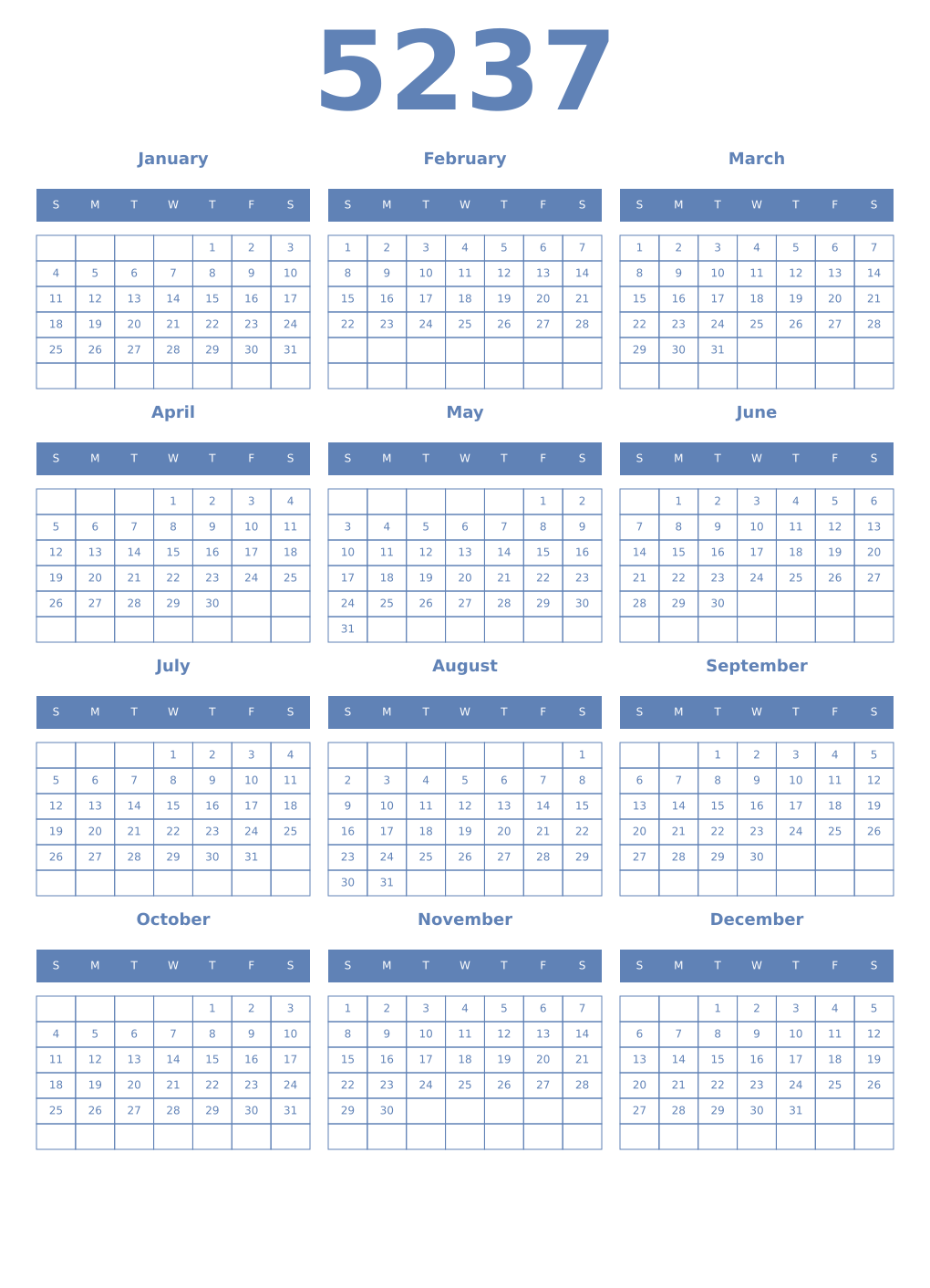 Printable 5237 Year Calendars glaucous