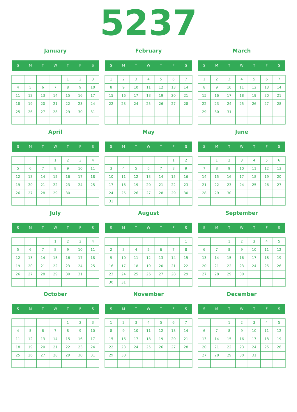 Printable 5237 Year Calendars green
