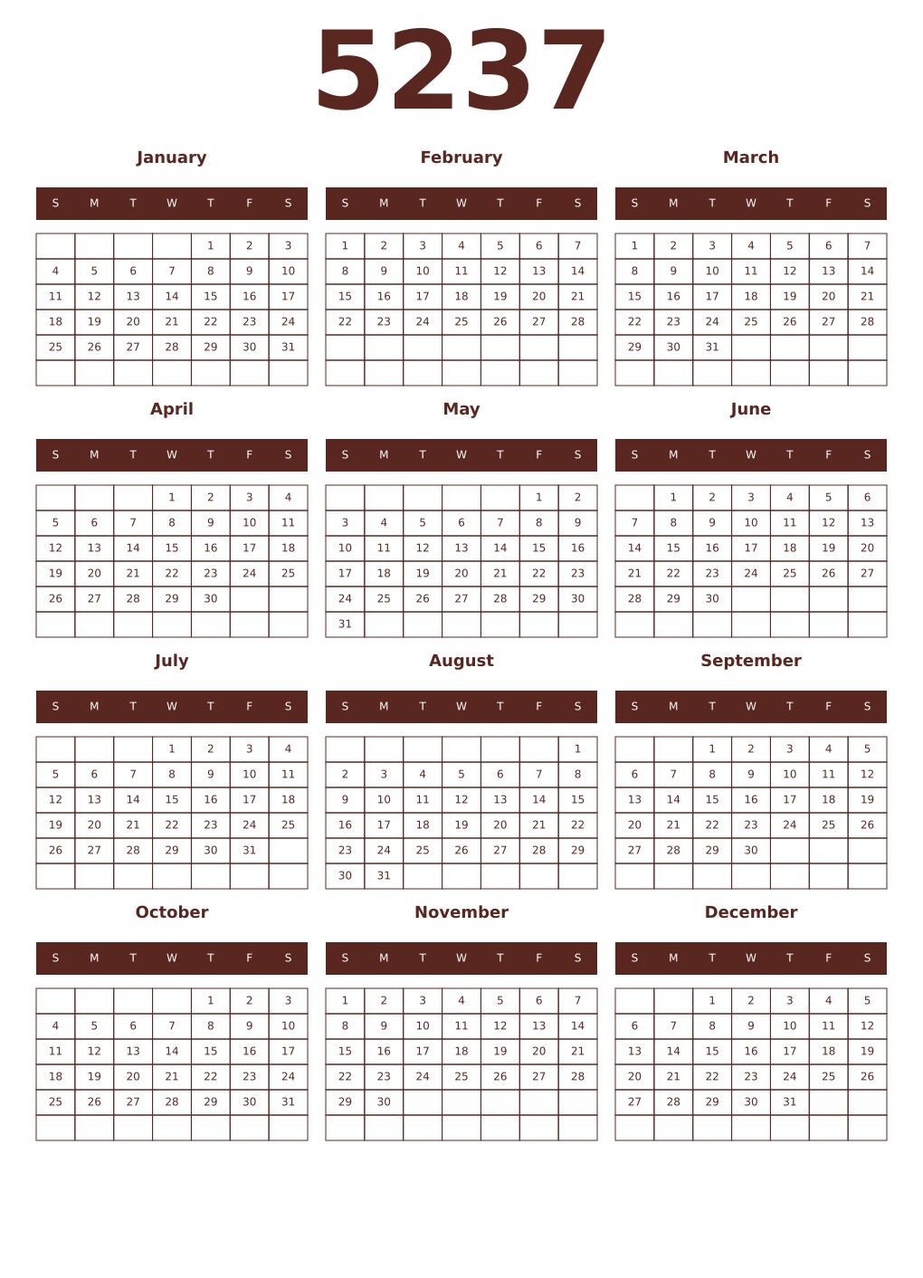 Printable 5237 Year Calendars mortuum