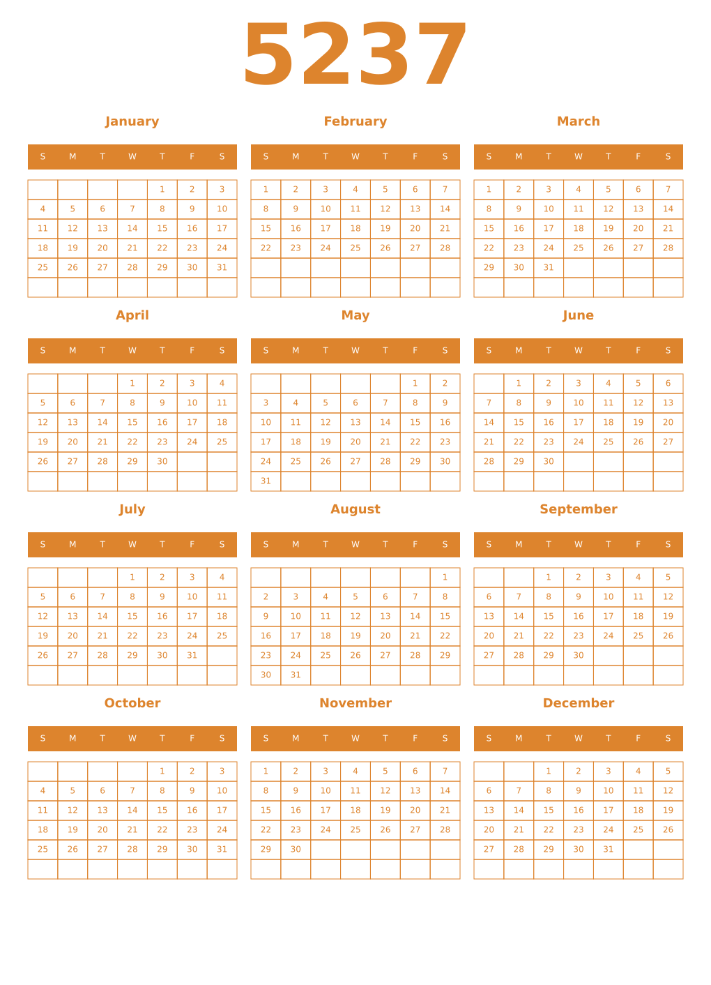 Printable 5237 Year Calendars orange