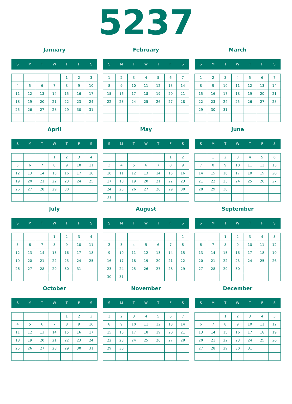 Printable 5237 Year Calendars pastel
