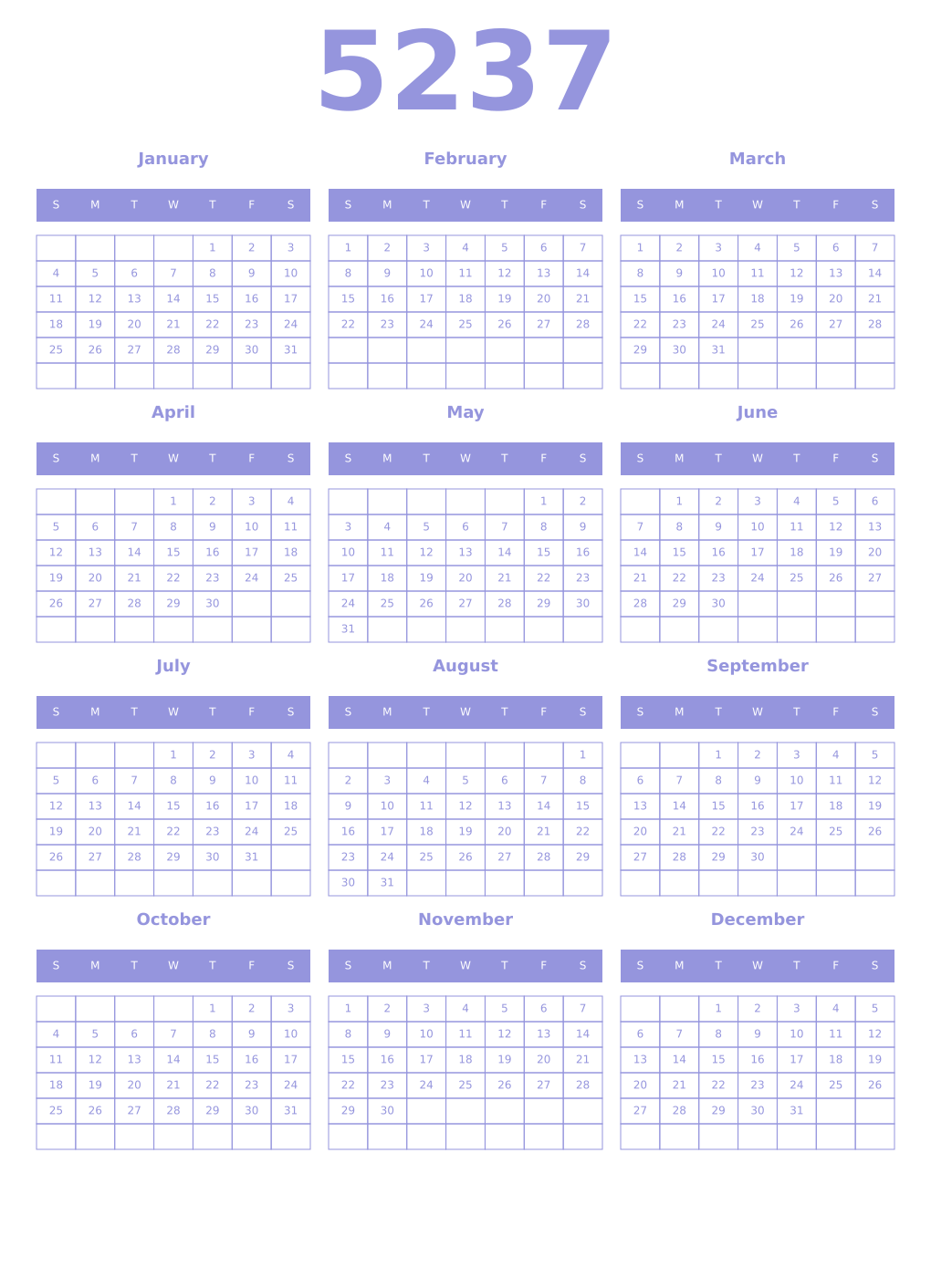 Printable 5237 Year Calendars periwinkle