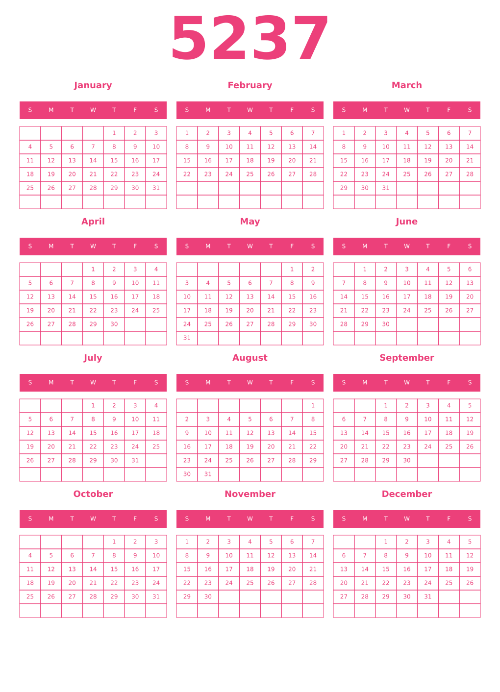 Printable 5237 Year Calendars pink