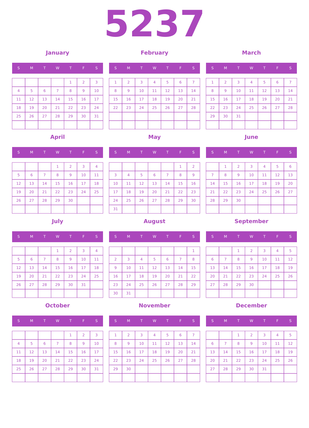 Printable 5237 Year Calendars purple