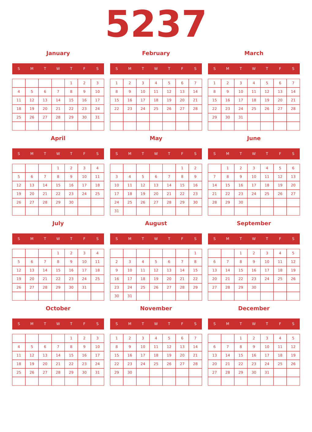 Printable 5237 Year Calendars red